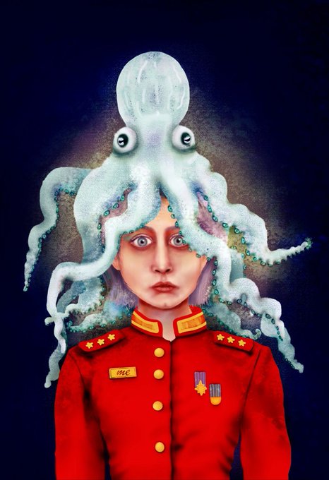 A surreal illustration of a person in a red military uniform with stars and medals, whose head is replaced by a pale blue octopus with tentacles flowing outward.