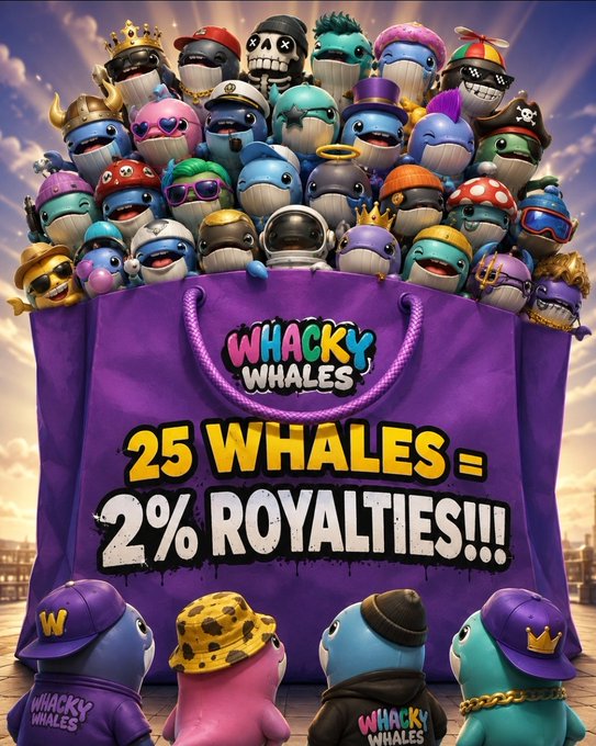 A colorful promotional graphic for 'WHACKY WHALES' NFT collection, showing a purple bag overflowing with various cartoon whale characters wearing hats and accessories, with text reading '25 WHALES = 2% ROYALTIES!!!'.