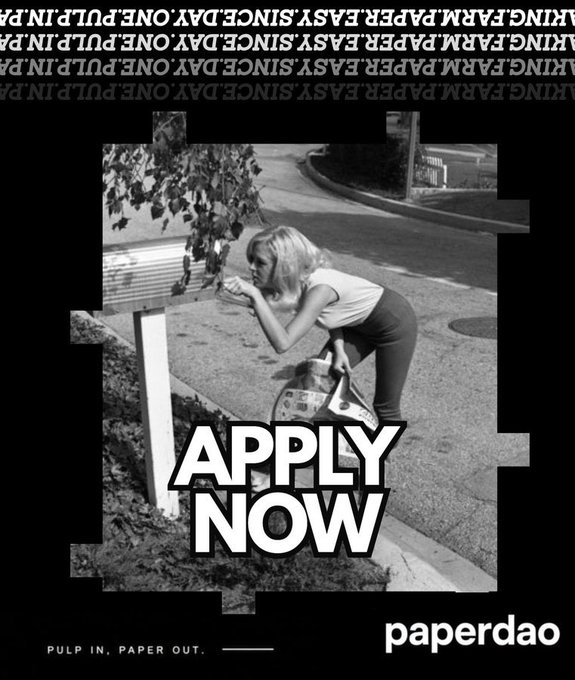 A black and white advertisement for 'paperdao' featuring a vintage photo of a girl with a paper bag, surrounded by repeating text 'PULP IN, PAPER OUT' and a bold 'APPLY NOW' call to action.