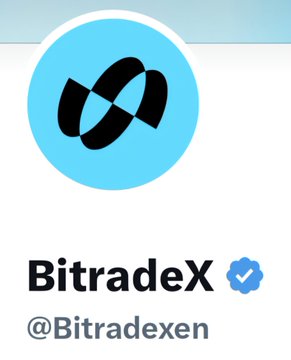A social media profile for 'BitradeX' (@Bitradexen) showing a light blue circular logo with interlocking black rings.