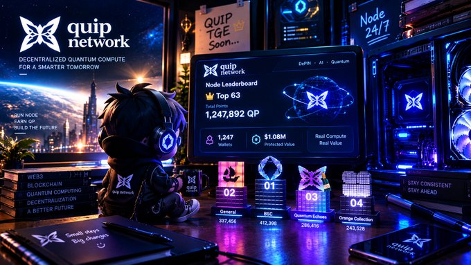 A futuristic promotional graphic for "quip network," showcasing decentralized quantum compute with a 3D character viewing a Node Leaderboard showing "Top 63" with 1,247,892 QP earned.