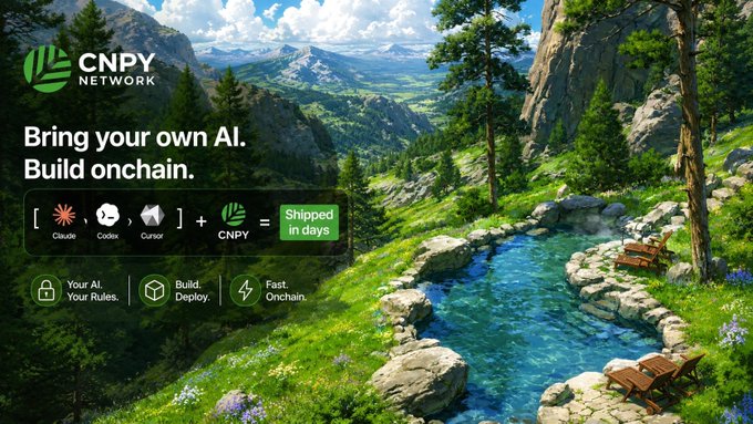 A promotional graphic for CNPY Network set against a scenic mountain landscape, featuring the tagline "Bring your own AI. Build onchain." and highlighting integration with Claude, Codex, and Cursor as a way to ship AI-powered blockchain projects "in days." The natural backdrop visually reinforces the post's message that while AI tools are widely accessible, CNPY Network stands out by giving developers true ownership of their onchain creations.