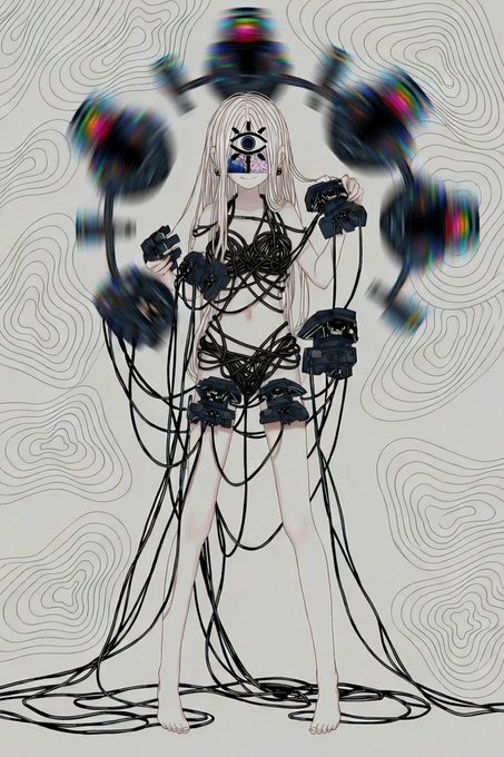 Anime-style digital artwork of a pale, ethereal female figure with long white hair and an eye symbol on her forehead, entangled in black cables connected to floating, glitching controllers, set against a background of topographic lines.