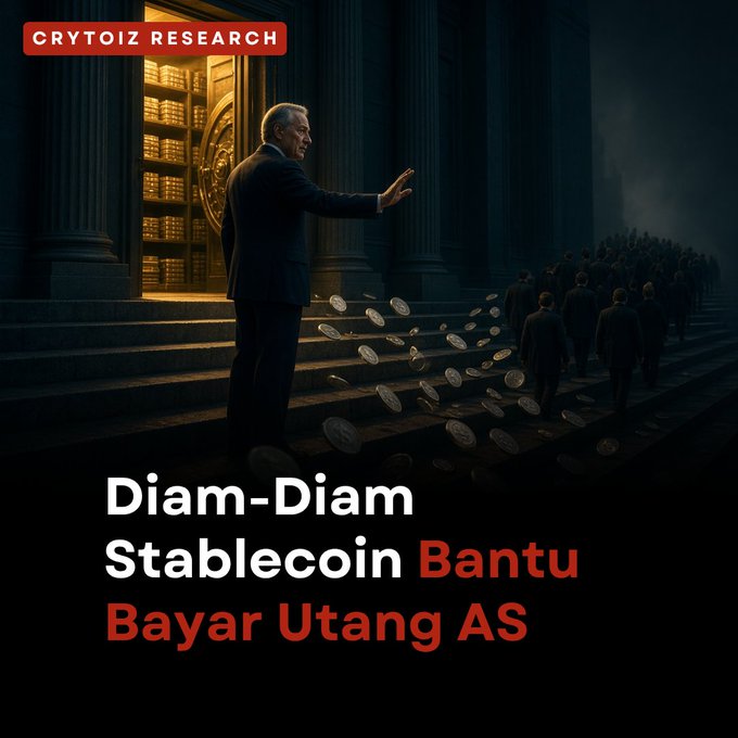 A graphic from 'CRYTOIZ RESEARCH' titled 'Diam-Diam Stablecoin Bantu Bayar Utang AS', depicting an illustration of a man in a suit standing before a building with floating coins, suggesting a hidden role of stablecoins in US debt repayment.