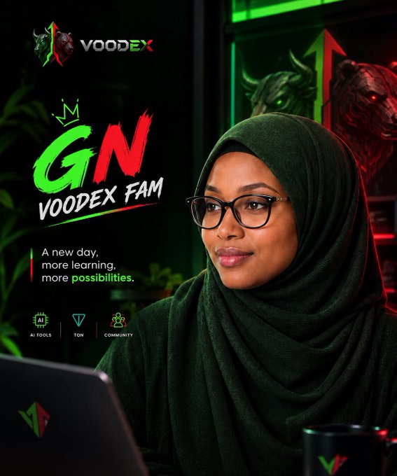 A woman wearing glasses and a dark green hijab poses for a VOODEX FAM promotional graphic with the tagline 'A new day, more learning, more possibilities.' alongside AI TOOLS, TON, and COMMUNITY icons.