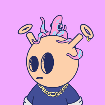 A colorful cartoon character with a pale, rounded head, large black eyes, and a pink brain-like creature emerging from the top wears a gold chain against a purple background.