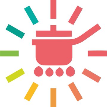 The image features a vibrant, colorful logo with a red pot icon at its center surrounded by eight different colored circles or rays radiating outwards from the pot. The pot is depicted as having four burners, which are also colored differently - green, yellow, orange, and pink. This design suggests that the pot could be used for cooking various dishes simultaneously, as it can accommodate multiple burners at once. The logo appears to be related to a company or organization named "DDC" in Japan, possibly offering a range of products or services catering to the needs of Japanese consumers.