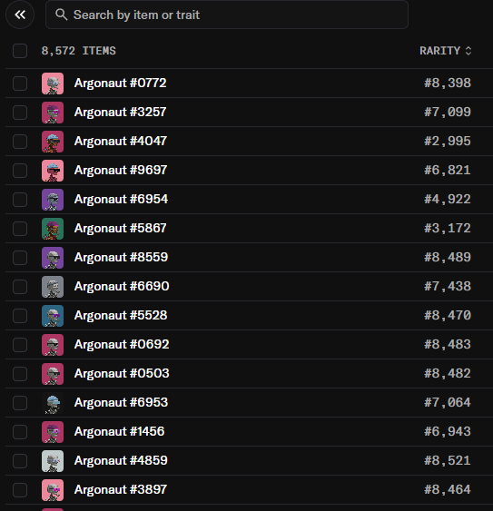 A digital marketplace listing showing 8,572 Argonaut NFT items sorted by rarity rank, with the highest-ranked piece being Argonaut #0772 (#8,398). The image visually supports the post's argument by displaying a substantial collection of Argonaut NFTs with varying rarity scores, illustrating how paid minting filters out low-effort flippers seeking quick profits.