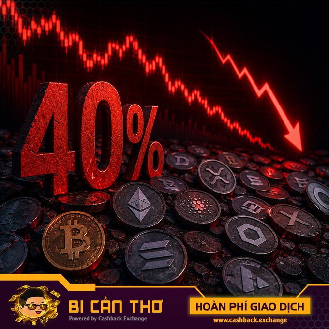 A dramatic red-toned graphic showing '40%' alongside various cryptocurrency coins and a downward-trending chart arrow, branded with 'BÍ CÂN THƠ' and 'HOÀN PHÍ GIAO DỊCH' at www.cashback.exchange.