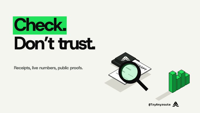 An advertisement with the text "Check. Don't trust." and "Receipts, live numbers, public proofs." along with a magnifying glass, receipt, and green bar graphs.