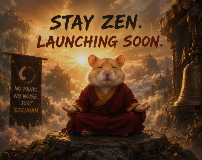 A promotional image featuring a hamster dressed as a monk meditating on a mountain, with the text "STAY ZEN. LAUNCHING SOON." and a banner reading "NO PANIC. NO NOISE. JUST $ZENHAM."