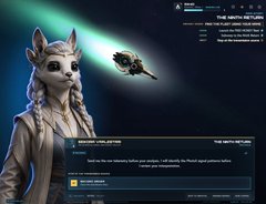 A screenshot from a video game featuring a cat-like humanoid female character next to a 'New Venture Return' notification popup in the bottom corner.