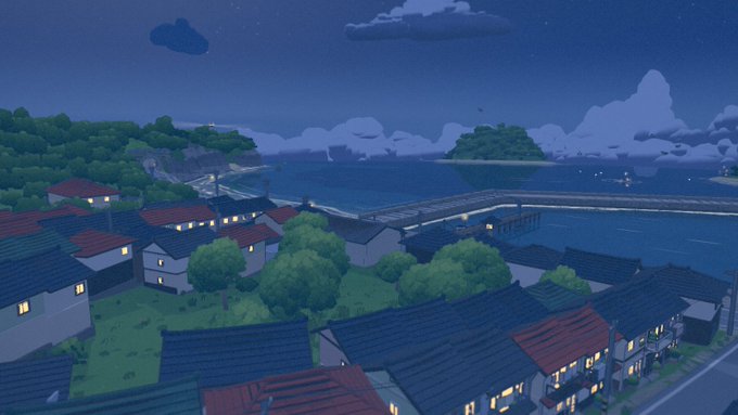 An animated nighttime scene depicting a coastal village with traditional houses, a harbor, and lights twinkling against a dark blue sky with clouds.