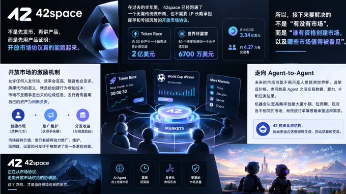 A Chinese-language promotional infographic for '42space' explains their open market protocol, featuring sections on market incentive mechanisms (creator, promoter, dividend), over $200M in past transactions, a 00:00:30 Token Race countdown, and statistics like 6700万 (67 million) and 3.34亿美元 ($334 million).