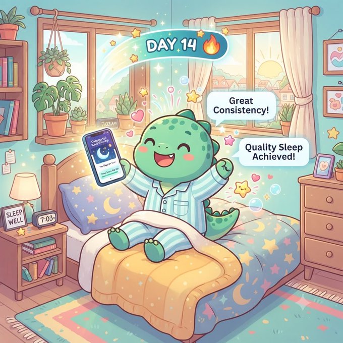 A colorful cartoon illustration of a green dinosaur in pajamas celebrating Day 14 of quality sleep, with speech bubbles reading 'Great Consistency!' and 'Quality Sleep Achieved!'