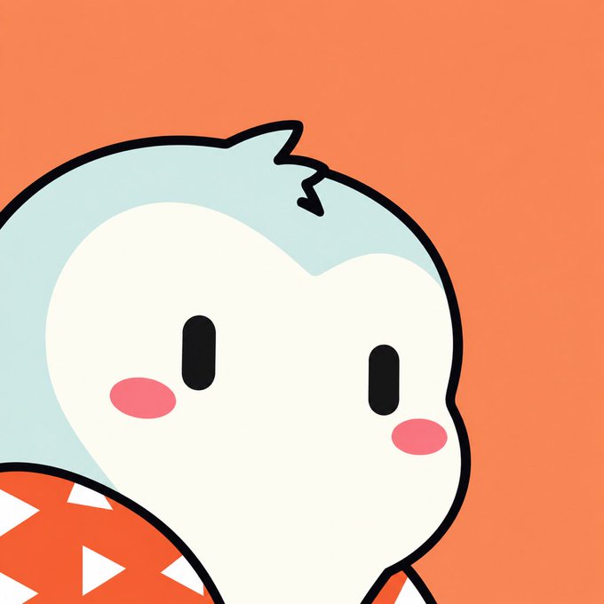 A cartoon-style illustration of a cute, white, heart-shaped character with a tuft of blue hair, blushing cheeks, and an orange patterned shirt against an orange background.