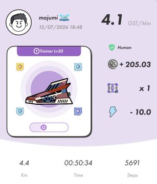 A fitness/step-tracking card for user 'mojumi' showing 4.1 GST/Min, +205.03 earnings, a Trainer Lv30 sneaker NFT, 4.4 km, 00:50:34 time, and 5691 steps.