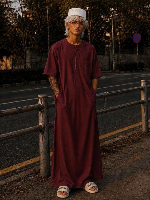 A young man with silver hair wearing a white prayer cap, a maroon thobe, and Versace sandals stands on a street.