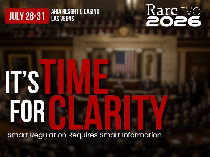 Promotional banner for Rare EVO 2026, scheduled for July 28-31 at Aria Resort & Casino in Las Vegas, featuring the headline 'IT'S TIME FOR CLARITY' and the tagline 'Smart Regulation Requires Smart Information.' over an image of a legislative chamber.