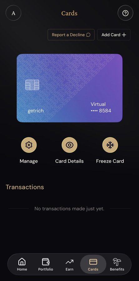 A screenshot of a mobile crypto wallet app showing a 'Cards' section with a purple/blue gradient virtual card for 'getrich' ending in 8584, and options for Manage, Card Details, Freeze Card, and Transactions.