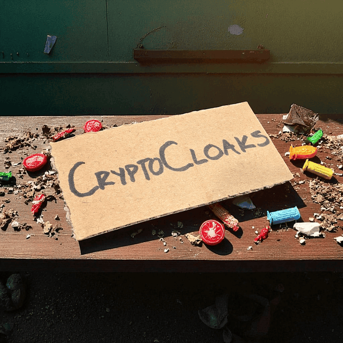 A piece of cardboard on a wooden surface surrounded by candy wrappers with 'CryptoCloaks' handwritten on it in black marker.