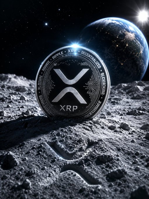 The image features a coin sitting on a rocky surface, possibly an alien moon or another celestial body. The coin has the letters "XRP" written on it, which stands out against the dark background of space. In addition to the coin, there is also a small footprint visible in the bottom right corner of the photo.