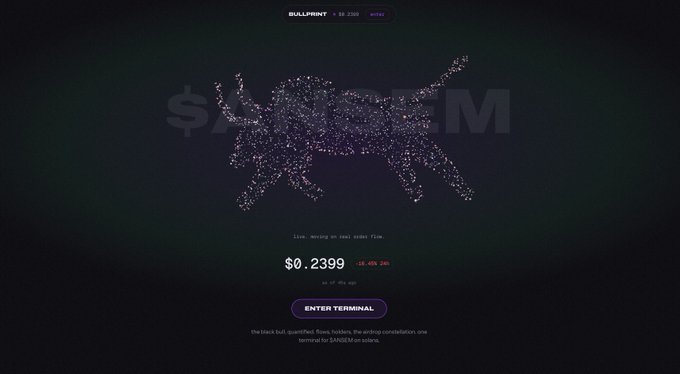 A dark-themed landing page for "BULLPRINT" featuring a glowing bull constellation graphic with the ticker $BLKM and a live price of $0.2399 (-18.45% / -$0.0546), promoting an "ENTER TERMINAL" button—the bull imagery and ticker tying into the post's reference to $ANSEM and @blknoiz06's bull-themed meme movement.
