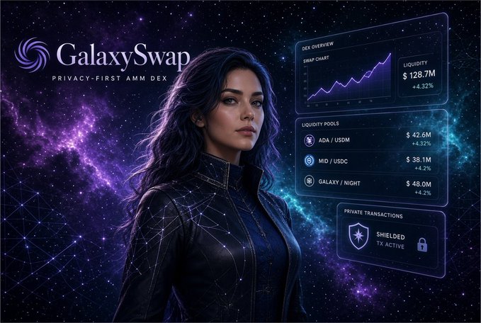 The image is a futuristic promotional banner for "GalaxySwap — Privacy-First AMM DEX," featuring a confident woman with dark hair in a high-tech jacket against a starry purple-and-teal cosmic background, alongside a galaxy swirl logo. On the right, holographic-style data panels display: "DEX OVERVIEW" with a "SWAP CHART" showing an upward purple line, "LIQUIDITY $128.7M +4.32%," "LIQUIDITY POOLS" listing "AZA/USDM $42.6M +4.32%," "MID/USDC $38.1M +4.2%," and "GALAXY/NIGHT $48.0M +4.2%," plus a "PRIVATE TRANSACTIONS — SHIELDED TX ACTIVE" badge with a lock icon. This visually reinforces the post's message of GalaxySwap Labs launching a privacy-first AMM DEX on Midnight Network's testnet with 30k
