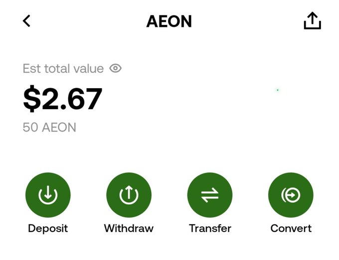 Mobile wallet app screen for AEON cryptocurrency showing an estimated total value of $2.67 for 50 AEON, with Deposit, Withdraw, Transfer, and Convert options.