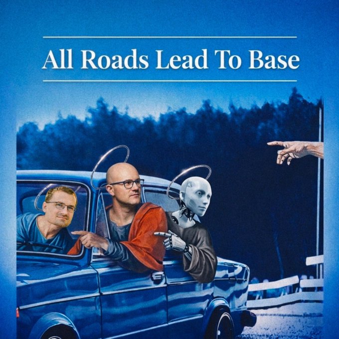 A parody of Michelangelo's Creation of Adam titled 'All Roads Lead To Base' shows figures including Linus Torvalds, a monk, and a robot inside a blue van pointing at a reaching hand.