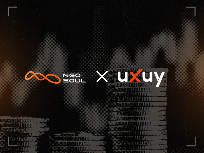 The image displays a partnership announcement between **NEOSOUL** and **uxuy** (likely uxuycom, a Web3 trading platform), featuring both logos side-by-side with an "X" between them against a dark, halftone-textured background of stacked coins. The graphic visually reinforces the post's message about Neosoul's collaboration with UXUY, whose seamless onchain trading capabilities align with the AI agent's push for true autonomy through having "skin in the game."