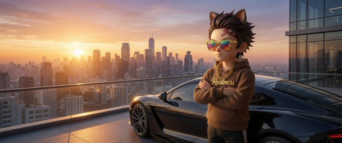 An AI-generated 3D cartoon character with cat ears, spiky hair, rainbow sunglasses, a gold chain, and a brown 'Realness' hoodie, standing with crossed arms next to a black sports car overlooking a sunset cityscape.
