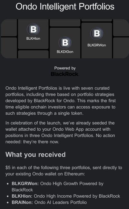 Informational graphic about "Ondo Intelligent Portfolios" powered by BlackRock, detailing the allocation of $5 to BLKGRWon, BLKHion, and BRAINOn portfolios.