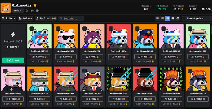 A screenshot of an NFT marketplace for the collection 'Ordinokis', displaying pixel-art dog characters as items with prices listed in Bitcoin.