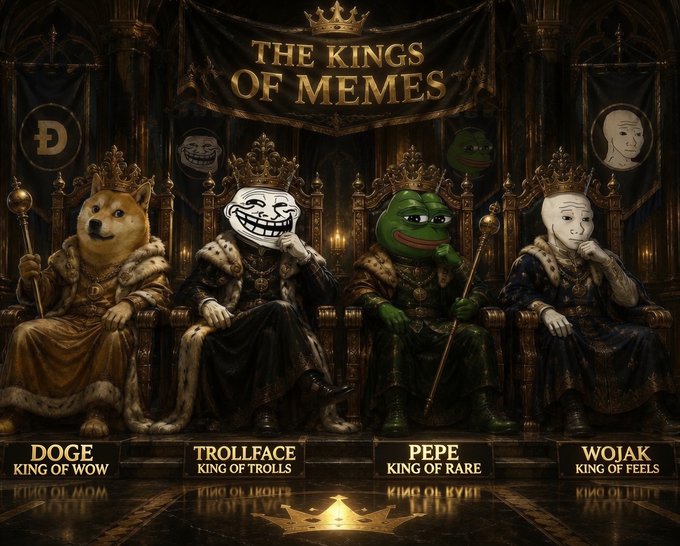 A regal illustration depicts four crowned meme characters—Doge ("King of Wow"), Trollface ("King of Trolls"), Pepe ("King of Rare"), and Wojak ("King of Feels")—seated on ornate thrones beneath a banner reading "THE KINGS OF MEMES," visually personifying the post's theme by portraying iconic internet memes as royalty reigning over meme culture.