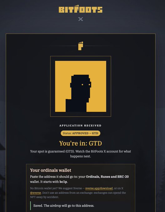 A confirmation screen for 'BITFOOTS' showing 'APPLICATION RECEIVED' and 'Status: APPROVED - GTD' with the message 'You're in: GTD', including instructions to paste a Bitcoin Ordinals wallet address starting with bc1p.