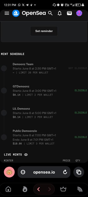 The image shows a cell phone screen displaying an OpenSea app, which has a list of emails at the bottom. The text on the screen reads "Thank you so much @dsuperrboy Thank you @ChiperVault Thank you @the_demoonz for seeing our and acknowledging our community. I'D'M MAX MINTING TOMORROW." This message is related to a post that was shared by someone named @dsuperrboy, who has been mentioned in the emails on the OpenSea app. The user of the phone might be interested in this post or wants to engage with the person who posted it.