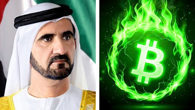 A split image shows Sheikh Mohammed bin Rashid Al Maktoum of the UAE on the left next to a glowing green Bitcoin logo surrounded by flames on the right.