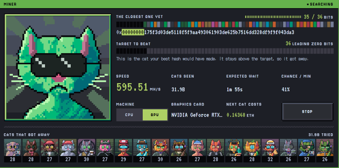 A screenshot of a crypto mining interface showing a pixelated green cat NFT being generated, with stats like "595.51 MH/S" and "31.88 CATS BEEN" visible.