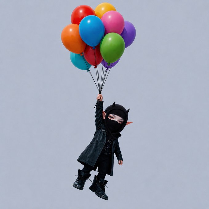 A surreal image of a small child dressed in black gothic clothing with horned mask being lifted by a bunch of colorful balloons against a gray sky.