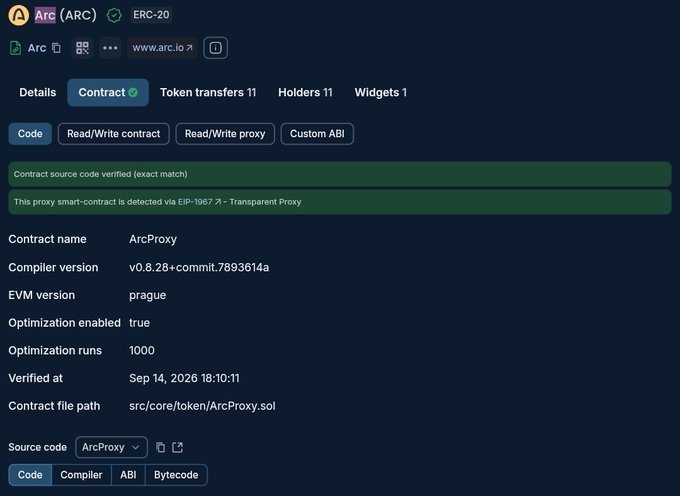 A blockchain explorer page showing the verified source code for the "Arc" (ARC) ERC-20 token's "ArcProxy" contract, compiled with v0.8.28+commit.7893614a on the prague EVM, with a source code path of src/core/token/ArcProxy.sol. This relates to the $ARC token mint announcement by confirming the existence and verification of the token's proxy smart contract deployed at www.arc.io.