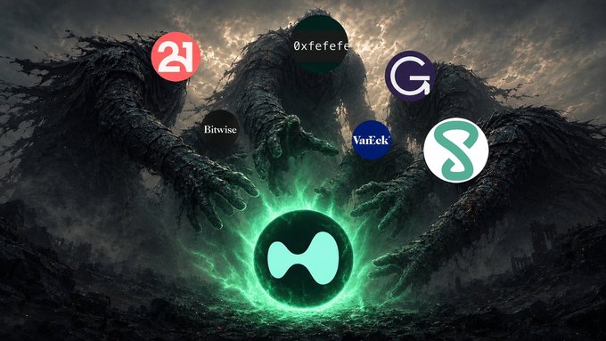 An illustration of a green glowing orb surrounded by four figures wearing black suits and hats, each with a different colored symbol attached to their heads, which represent various tech companies such as Google, Xeftefel, Binance, Norton, and others. The image also features text explaining the post's meaning.