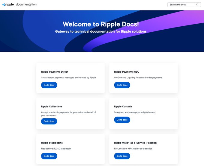 Welcome page for Ripple Docs documentation, featuring categories including Ripple Payments Direct, Ripple Payments ODL, Ripple Collections, Ripple Custody, Ripple Stablecoins, and Ripple Wallet-as-a-Service (Palisade).