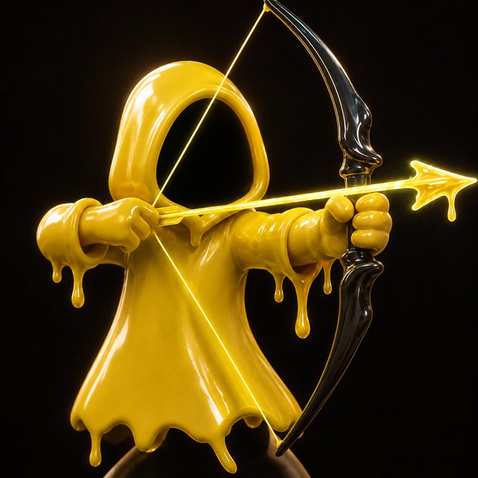 A glossy 3D rendering of a yellow melting/dripping hooded figure holding a black bow with a glowing yellow arrow drawn back, set against a black background.