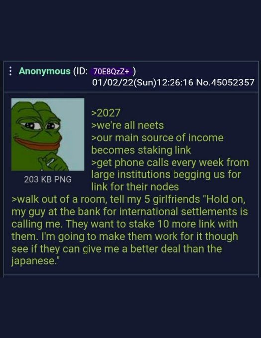 A screenshot of a 4chan-style Anonymous post (ID: 70E8QzZ+) dated 01/02/22 with Pepe the Frog image, containing a humorous text about 2027 where everyone becomes 'neets' and lives off staking LINK cryptocurrency.