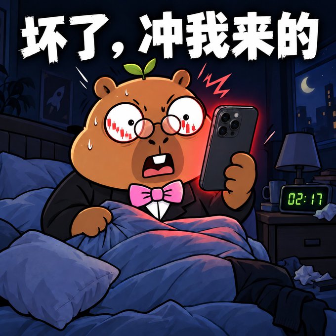 A cartoon illustration of a panicked bear wearing glasses and a pink bow tie, holding a phone in bed, with Chinese text reading "坏了，冲我来的" at the top.