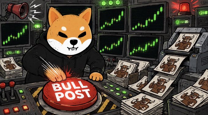 A Shiba Inu character in a hoodie furiously presses a red "BULL POST" button surrounded by green candlestick charts showing upward trends, stacks of bullish meme posters, and a red warning light—visually reinforcing the post's message that relentless bull posting is driving the market higher.