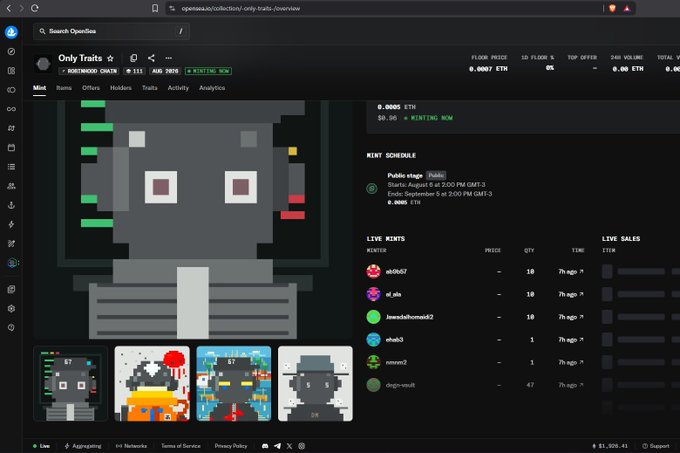 The image shows an OpenSea page for the "Only Traits" collection with a verified contract, displaying 111 items and 50.7% minted, alongside live mint/sales activity and a pixel-art robot thumbnail—this aligns with the post warning that it is a scam imitating a legitimate OS (OpenSea) listing.