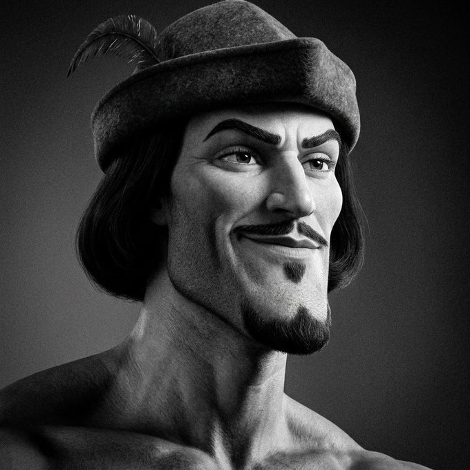 A stylized black-and-white illustration of a smiling, bare-chested man wearing a feathered beret and goatee—styled after the Robinhood logo—gazes confidently upward, personifying the "Monsieur" persona referenced in the post's promotion of a Robinhood Crypto-linked token at contract address 0x133f1bc183E20bbc4AAc114E4ef6C893576DADc0.