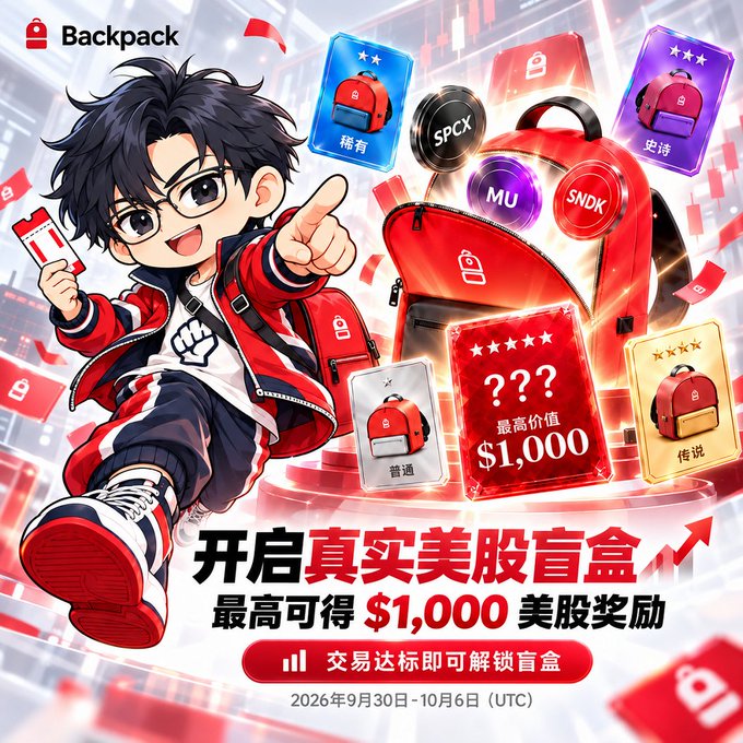 A promotional graphic for "Backpack" displays an anime boy pointing forward, with red and gold mystery boxes and various tickers like SPCX, MU, and SNDX, advertising up to "$1,000" in US stock rewards from "2026年9月30日-10月6日 (UTC)".